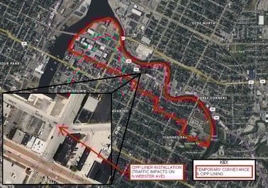 Downtown Interceptors Renewal Project map of construction from 10/10/2025