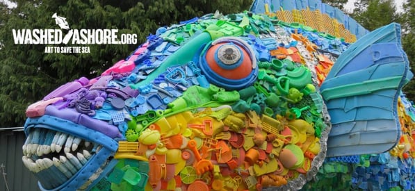 An image of a parrot fish sculpture from the Washed Ashore exhibit.